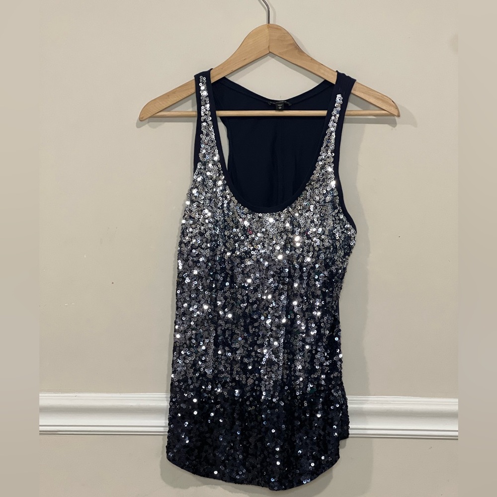 Sequenced, silver and navy ombre tank top by express